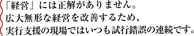 「経営」には正解がありません。広大無形な経営を改善するため、実行支援の現場ではいつも試行錯誤の連続です。